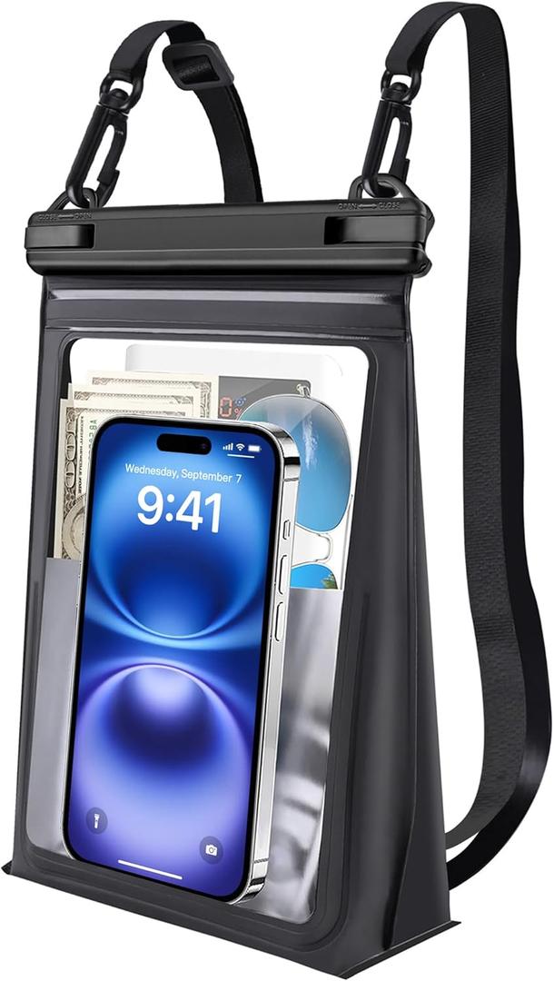 Large Floating Waterproof Phone Pouch [with Sealing Strip], Cell Phone Dry Bag for iPhone 16 15 14 13 12 Pro Max Galaxy Google All Devices, Float Waterproof Bag for Beach Vacation Black (Large (Up to 8.5"))