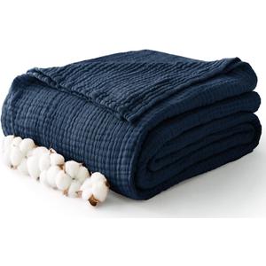 100% Cotton Muslin Blanket Queen 90" x 90", 6 Layers Breathable and Lightweight Cotton Throw Blanket for Bed, Soft Quilt Bedspread Coverlet, Gauze Blanket for Adults All Season, Navy