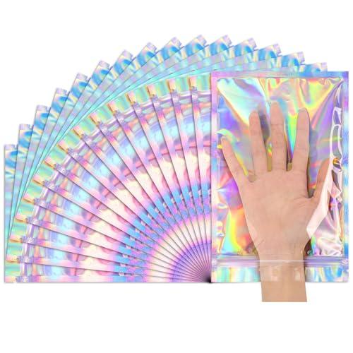 Funfery 6.3x9.4in Smell Proof Holographic Resealable Bags,Mylar Foil Bags with Zipper,Iridescent Party Favor Bag for Goodies,Candy,Treat,Clear Packaging Bag for Food Storage,Business Supplies-50pcs
