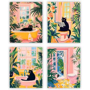 Heilkee Black Cat Bathroom Decor Beach Wall Art Funny Bathroom Pictures Pink Tropical Wall Prints Henri Matisse Poster Set of 4(UNFRAMED 8x10in)