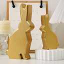 FESTGLOX Wood Bunny Decor, Gold Bunny Figurines Set of 2, Easter Rabbit Statues for Modern Home Decor, Decorative Rabbits for Spring Farmhouse, Mantel Shelf Table Centerpiece, Gift 2 Pack