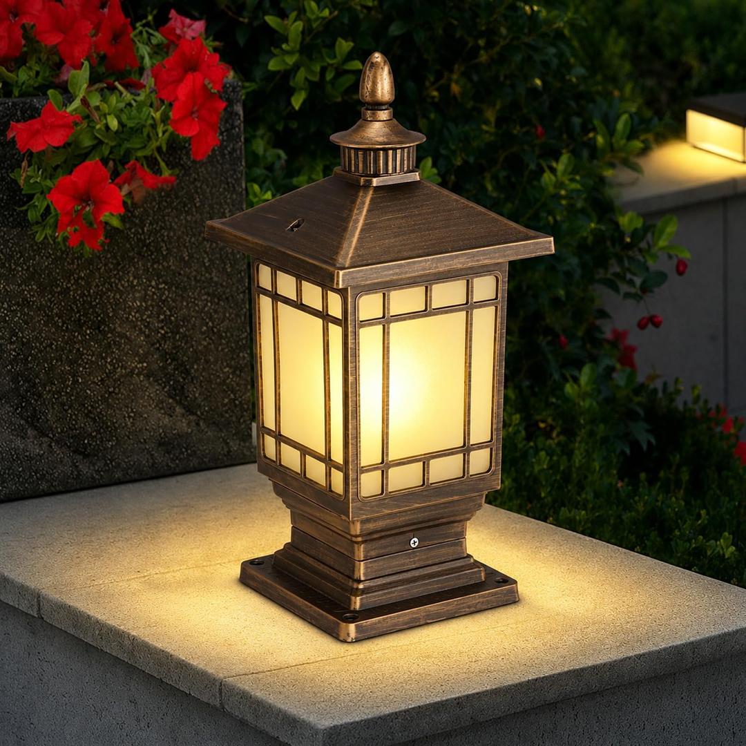 Outdoor Column Lights, Outdoor External Patio Landscape Glass Post Lantern E26 Fixture Traditional Waterproof Garden Post Light Aluminum Modern Fence Pillar Lamp, 43cm x 20cm x 15.5cm