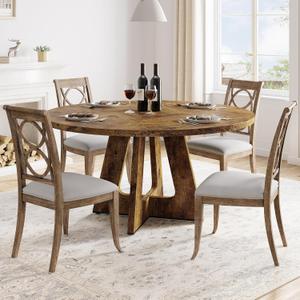 Round Dining Table, 47 Inch Round Dinner Table for 4, Farmhouse Kitchen Table with Wooden Pedestal Base for Home Dining Room or Living Room (No Chairs) - Rustic Brown