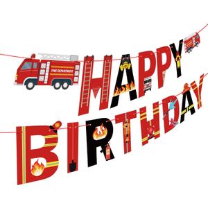 Fire Truck Happy Birthday Banner Sign, Fire Engine Rescue Birthday Bunting Banner Flag Garland for Kids Boys Fire Truck Party Carnival Party Decorations Supplies (Red)