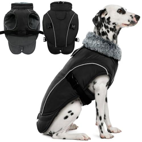 DENTRUN Winter Warm Dog Coat Reflective Jacket with Turtleneck for Cold Weather, Adjustable Buckle Windproof Water Repellent, Thick Snowsuit Fleece Vest for Small, Medium, Large Dogs, Black, XXL