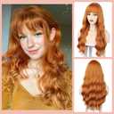 ENTRANCED STYLES Ginger Wig with Bangs Ginger Wavy Wigs for Women Long Orange Wig Heat Resistant Synthetic for Daily Cosplay Party(26inch Orange)