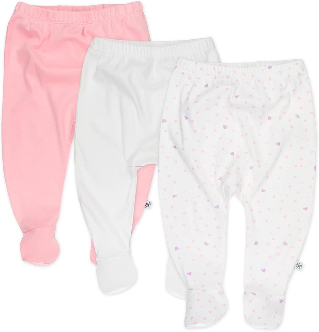 HonestBaby 3-Pack Footed Pants Roomy Fit Pull on Bottoms 100% Organic Cotton for Infant Baby Boys, Girls, Unisex (Newborn, Love Dot)