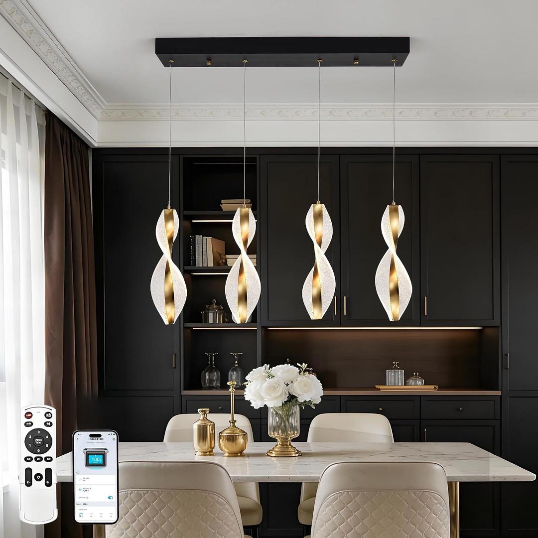 Modern LED Pendant Lights Kitchen Island, 4-Light Kitchen Chandelier, Dimmable 10-100%, Gold Adjustable Pendant Lighting with Remote & App Control for Kitchen, Dining Room