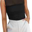 REORIA Womens Sheer Mesh Sexy Bodysuits Mock Neck Sleeveless Shirts Ruched Trendy Going Out Bodysuits Tops 2025 (Large, Black)