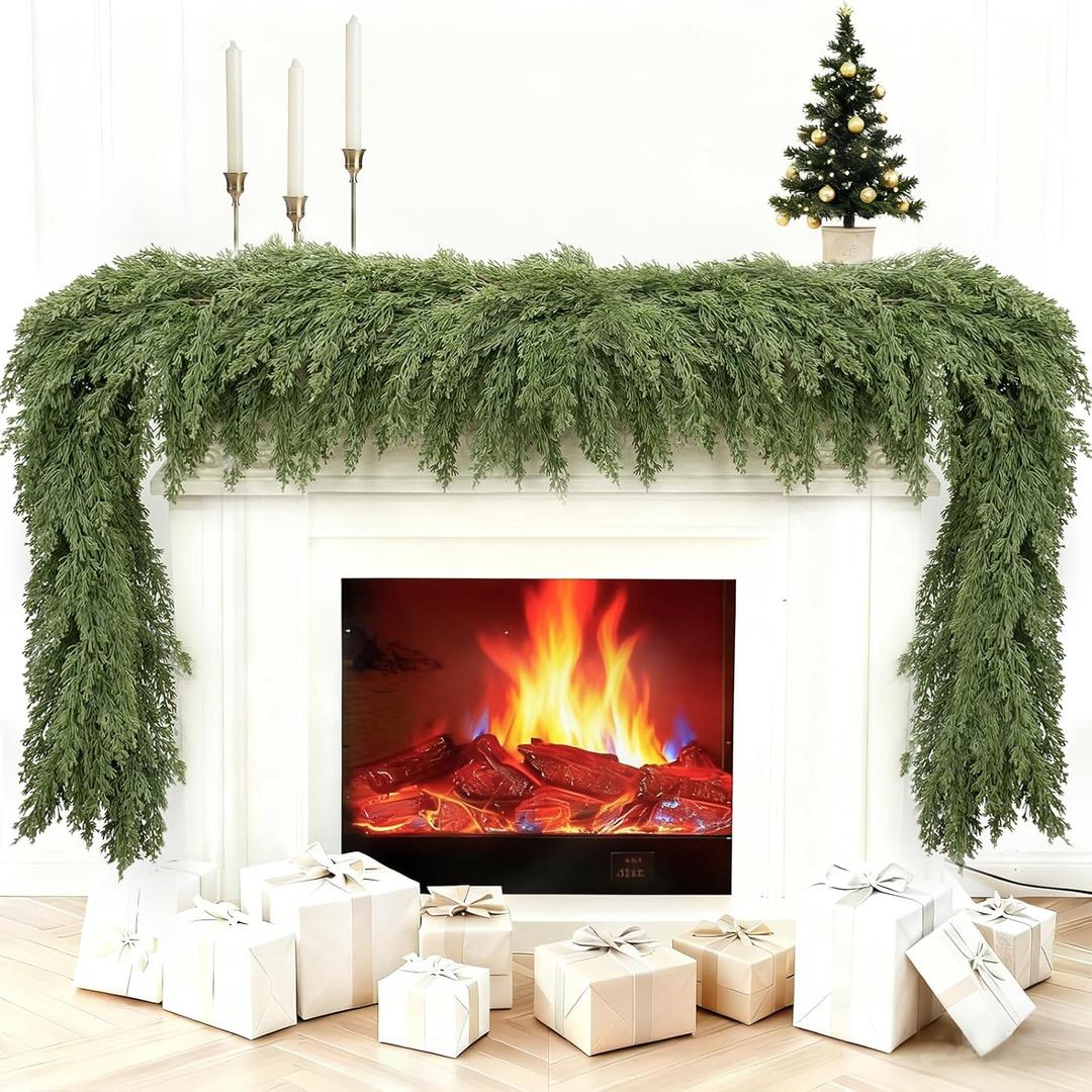 6FT Faux Cedar Garland, Real Touch Christmas Cypress Garland, Realistic Pine Cypress Bendable Branches for Mantel Decor Fireplace Staircase Table Centerpiece Indoor Outdoor Holiday Winter Decor