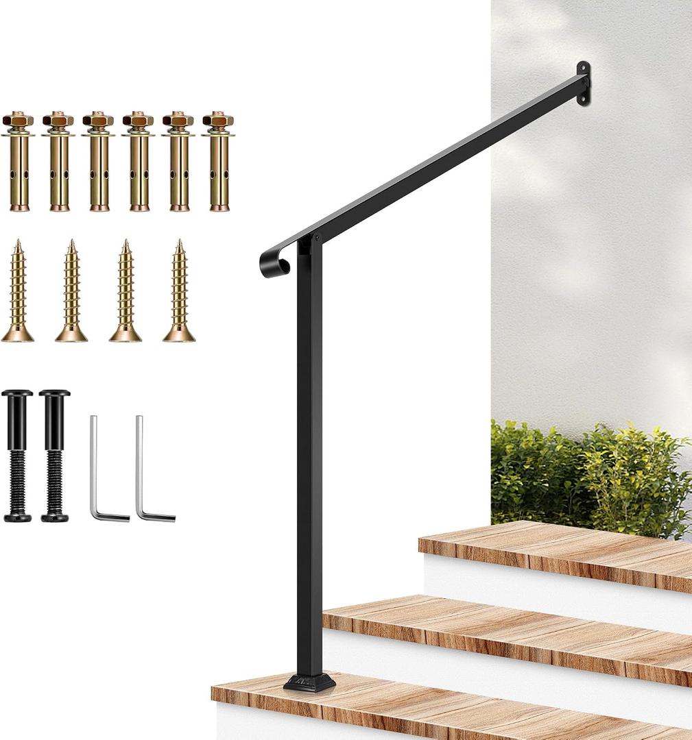 VIVOSUN Outdoor Handrail, 3 Step Stair Handrail, 40" x 39" Fits 1 to 3 Steps, Wrought Mattle Iron Stair Railing with Single Curved End for Concrete Steps, Porch Steps, One-Step Assembly, Black