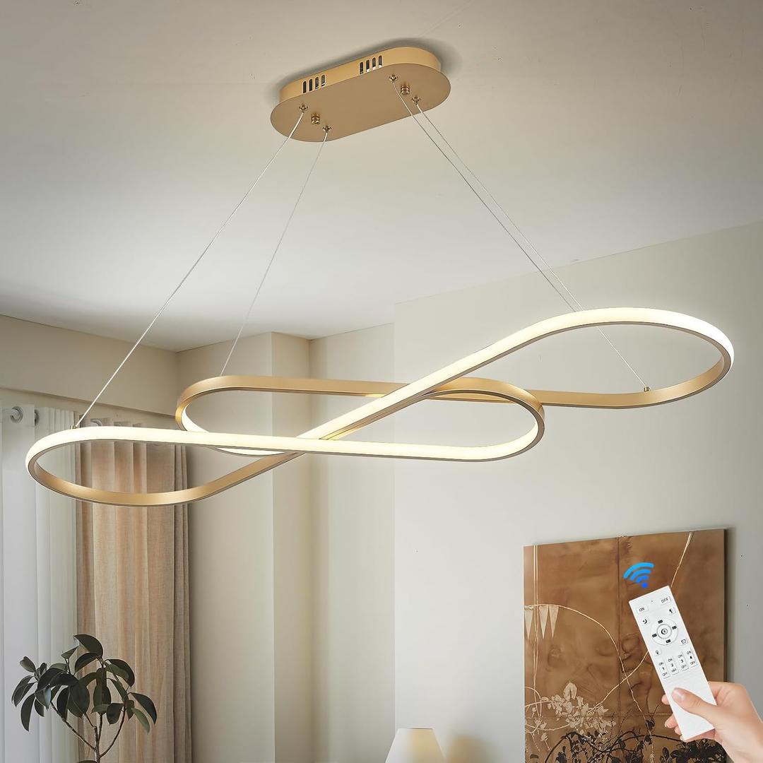 Modern LED Chandelier Gold Dimmable LED Pendant Light for Dining Room Light Fixture Over Table Modern Kitchen Island Lighting High Ceiling with Remote for Living Room(42 Inch, 3000K-6500K)