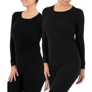 Fruit of The Loom Women's 2-Pack Micro Waffle Thermal Crew Top, Black/ Black, Small