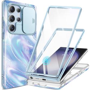 GVIEWIN for Samsung Galaxy S23 Ultra Case with Slide Camera Cover, [Built-in Screen Protector] [2 Front Frames] Military Grade Shockproof, Marble Protective Phone Case 6.8", Aurora/Azure Blue