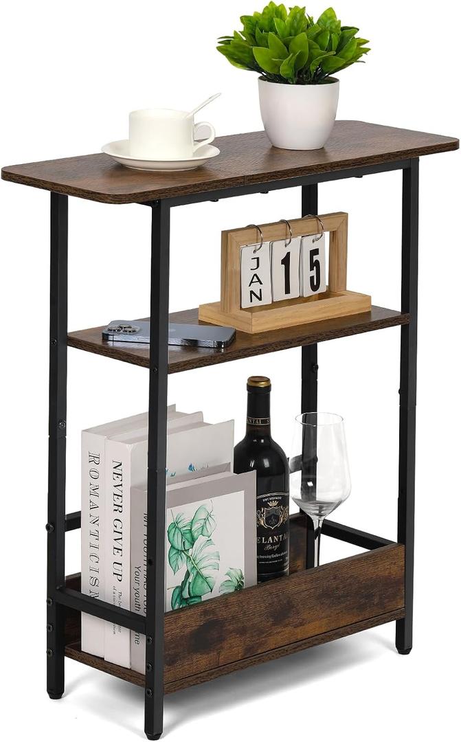 Narrow Side Table for Small Spaces, 3-Tier Small End Table with Storage Shelf and Magazine Holder, Slim and Skinny Nightstand for Bedroom, Living Room Sofa Table for Space Saving, Brown, 22 x 7.8 x 26.5 inches