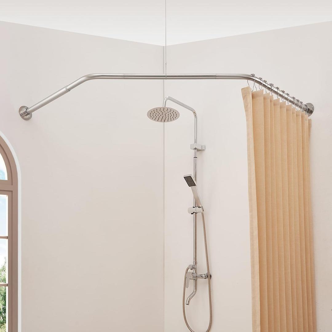 Corner Shower Curtain Rod, Diamond Shaped [Both Sides: 22"-34.8", Middle: 28"/43.7"/12.2"] Heavy Duty NEO Angle Shower Pole for Bathroom Bathtub with 12 Hooks & Ceiling Support -Brushed Nickel