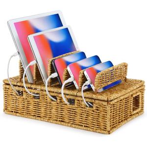 Cable Management Box Handwoven Imitation Rattan Cord Hider Box Charging Station Basket Desktop Cord Organizer with Removable Divider for Laptop Tablet 12.5lx5.9hx7.6w-inch(Rattan Color)
