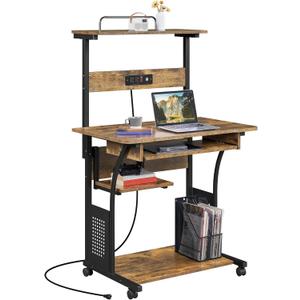 Yaheetech 3 Tiers Rolling Computer Desk on Wheels with Charging Station and Keyboard Tray, Mobile Home Office Desk PC Laptop Workstation with Power Outlet and USB Ports for Home Studying, Rustic Brown