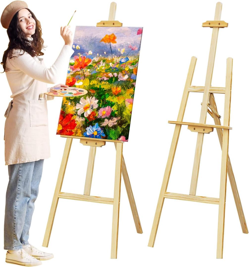 Nian Feng Wooden Easel for Painting, Large Floor Painting Stand for Adjnstable Height and Folding, 59-Inch, for Canvas Wedding Sign Poster, Art Easel for Adults and Teens (Natural)