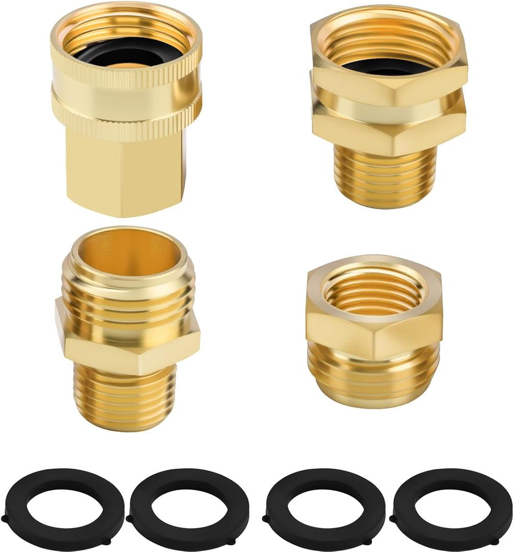 Jingzan 4PCS Brass Garden Hose Adapter Set, 3/4" GHT to 1/2" NPT Fittings, Hose to Pipe Connector Kit for Irrigation, RV, Plumbing Use (3/4GHT X 1/2NPT Set)