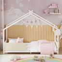 Timy House Shape Twin Size Montessori House Bed Metal Floor Bed with Storage Rack and Caddy Twin Bedframe for Kids No Box Spring Needed White