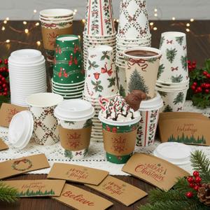 Gueevin 72 Set/ 216 Pcs Christmas Paper Cups Disposable 12 oz Christmas Coffee Cups with Lids and Sleeves Xmas Winter Party Supplies for Hot Chocolate Cocoa Cold Drinks Water Supplies (Bow Style)