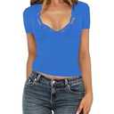 Spring Tops for Women Y2K Short Sleeve Lace Trim V-Neck Slim Fit Basic Royal Blue Tees Summer Casual Vacation Party Going Out Crop Tops Sexy Trendy Clothing (8638, M, Royal Blue)