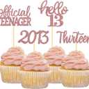 24Pcs Glitter 13th Birthday Cupcake Toppers, Hello 13th Birthday Cake Topper- 13th Birthday Decorations for Celebrating Official Teenager Thirteen Years Old Birthday Party Supplies (Rose Gold2)