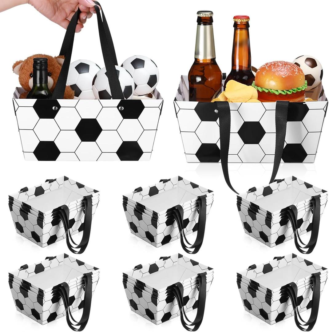 Glenmal 24 Pcs Soccer Baskets for Gifts 9.8 x 6.5 x 4.3 Inch Waterproof Empty Soccer Senior Night Kraft Paper Baskets with Handles Empty to Fill for Sports Party Favors Holiday Gifts Packaging