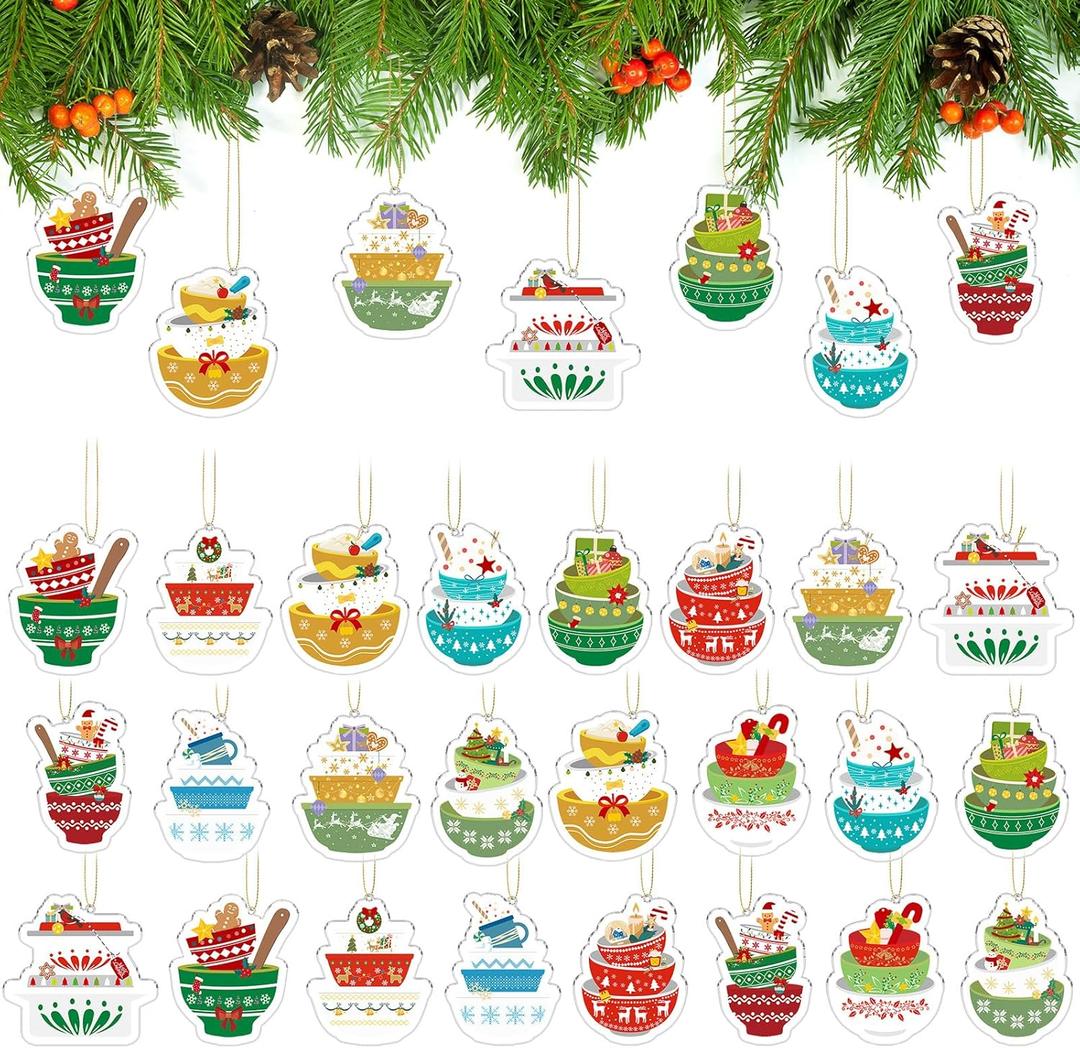 Namalu 24 Pcs Vintage Christmas Hanging Ornament Bowl Shaped Vintage Christmas Ornament Acrylic Hanging Tree Decorations for Party Supplies, 12 Styles