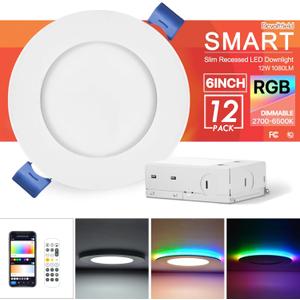 12Pack Smart RGB Recessed Lighting 6Inch,Ultra-Thin Canless LED Downlight, 2.4GHz Wi-Fi Bluetooth Direct Connect, 2700K-6500K,12W,1080LM,Work with Tuya App, Alexa,Google Assistant, Music Sync (Front CCT | Back RGB+Night Mode)