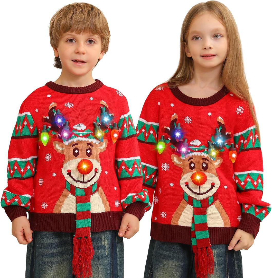 Ugly Christmas Sweater Women Men,Light Up Christmas Sweater for Couples,Funny Cute Reindeer LED Xmas Tacky Sweaters (11-12 Years, Red)