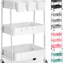3 Tier Heavy Duty White Metal Rolling Cart with Lockable Wheels, Three Tier Roller Book Snack Cart, Utility Storage Organizer Carts for Kitchen, Bathroom, Garage, Baby Diaper, Craft, Art, Teacher
