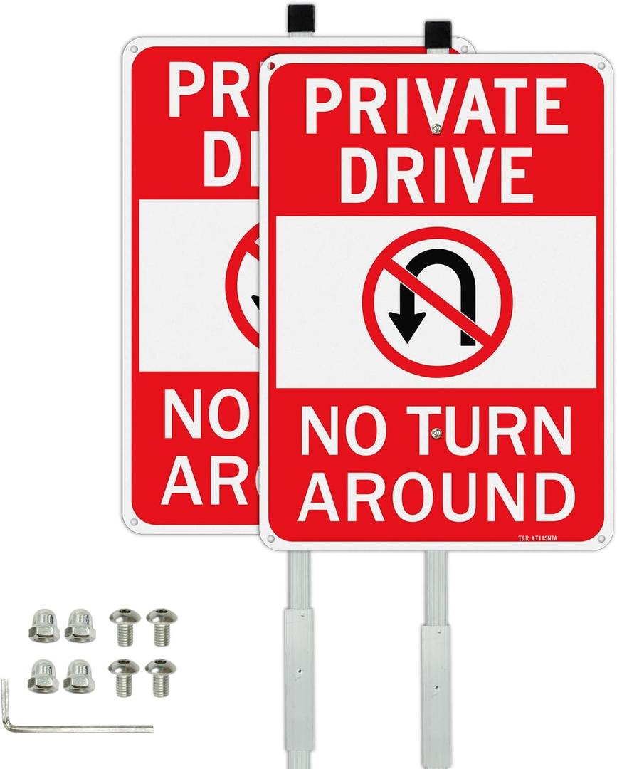 T&R Large Private Drive Sign, No Turn Around Sign with 54" Stake for Outside - 2 Pack - 14"x10" .040 Rust Free Aluminum, Reflective, Waterproof, Weatherproof and Fade Resistant, 6 pre-drilled holes, Includes Matching Screws & Wrench, Easy to Mount