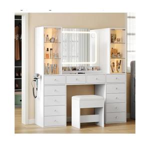 Vanity with 12 Drawers & 2 RBG Lights Cabinets, Makeup Vanity with Mirror and Lights, Vanity Desk with Power Outlet, Tempered Glass Top, Ample Storage, Dressing Table for Bedroom, White