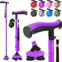 BeneCane Walking Cane for Men & Women Walking Stick for Seniors Folding Canes Quad Cane Adjustable Lightweight Sturdy Collapsible Heavy Duty with Soft TPR T-Handle and Travel Bag (Purple)