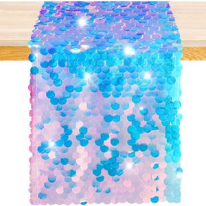 Mermaid Tail Scales Table Runner 12 x 84 Inches - Glitter Holographic Sequin Cover for Ocean Under The Sea Party Decorations and Supplies (1)