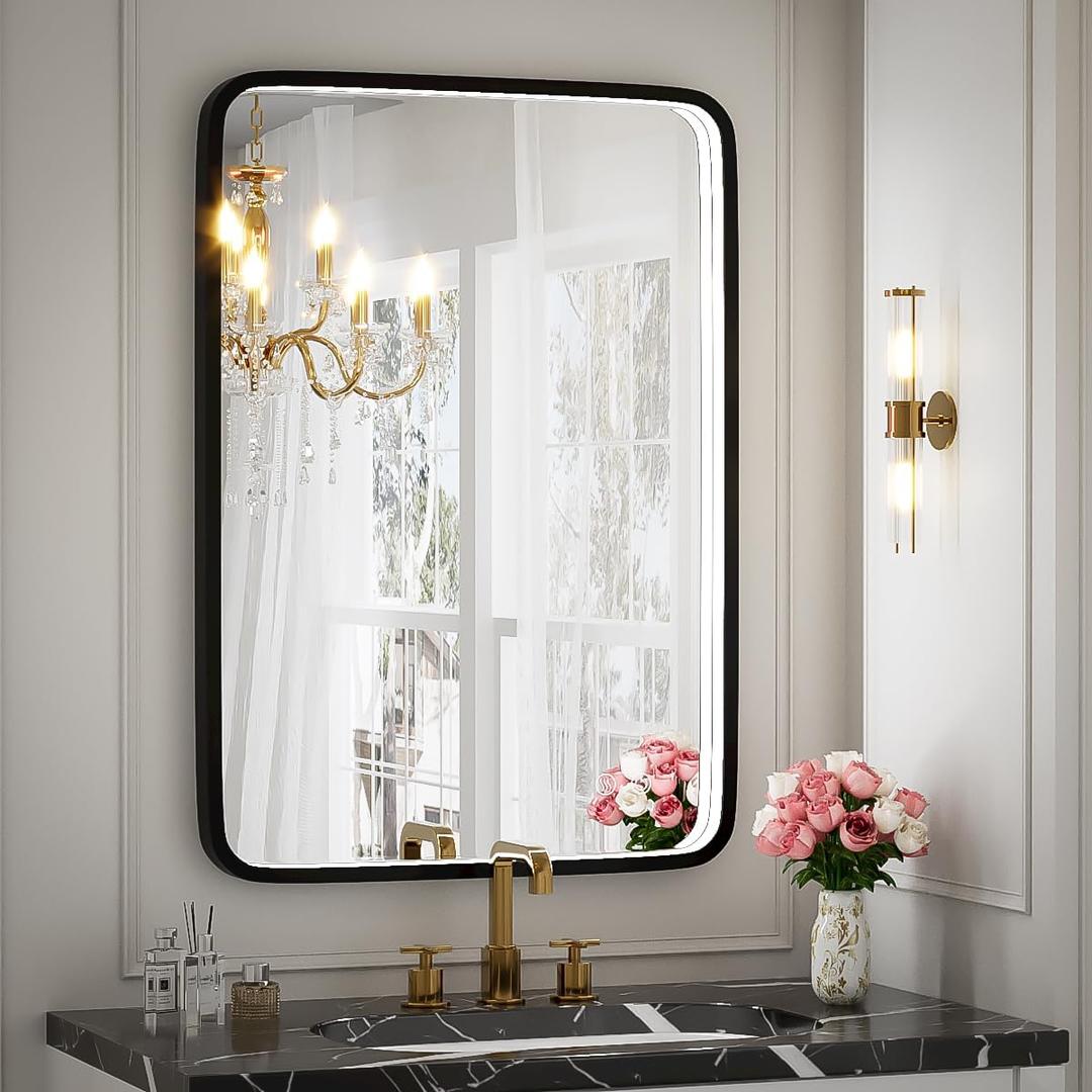20x28 Inch LED Bathroom Mirror with Lights, Black Metal Frame Wall Mounted Lighted Vanity Mirrors for Wall,Anti-Fog 3000K/4500K/6000K Dimmable Led Mirror,ETL Listed LED Driver