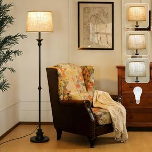 Black Floor Lamps for Living Room, Vintage Floor Lamp with LED Bulb, 3 Color Temperatures Metal Standing Lamp with Pull Chain Switch, Industrial Tall Lamp for Bedroom, Modern Stand Up Lamp for Office