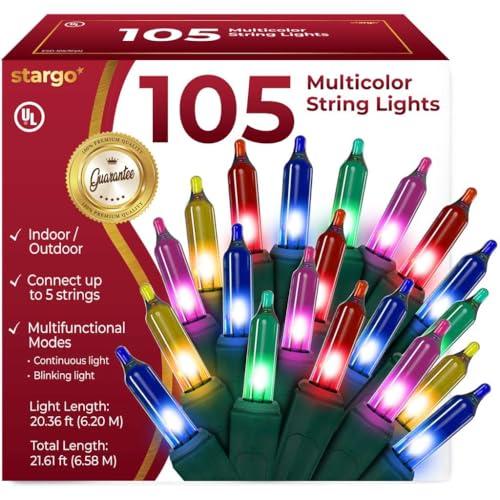 Warm Multi Color Christmas Lights - 20 ft String of 105 Incandescent Mini Bulbs Multifunctional Lighting Modes, for Decorative, Bedroom, Outdoor, Xmas Twinkle Tree Lights with Green Wire Total 21.6 ft