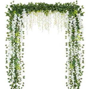Zeyune 24 Pcs Wisteria Artificial Flowers Garland Includes 6.8 ft Artificial Wisteria Hanging Flowers 3.6 ft Fake Vines Green Pothos Leaves for Garden Outdoor Wedding Arch Decoration (White)
