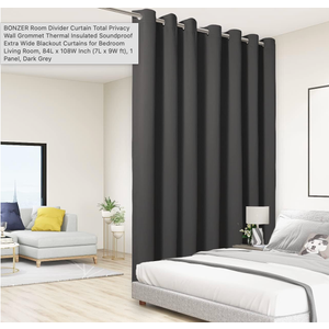 BONZER Room Divider Curtain Total Privacy Wall Grommet Thermal Insulated Soundproof Extra Wide Blackout Curtains for Bedroom Living Room, 84L x 108W Inch (7L x 9W ft), 1 Panel, Dark Grey
