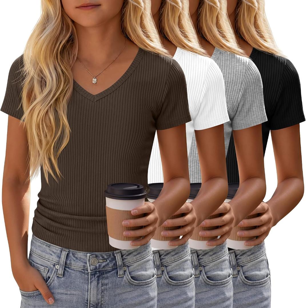 4 Pack Girls Short Sleeve Shirts Ribbed V Neck Tops Fitted Kids Soft Basic Tees Summer