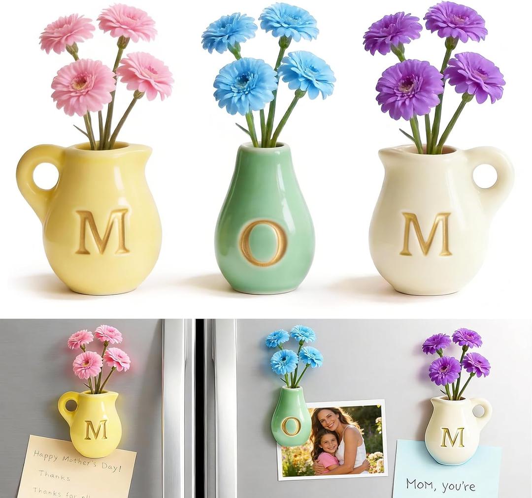 Mini Ceramic Vase Fridge Magnets Tiny 3D Flower Vase Refrigerator Magnets with Fake Flowers, Cute Kitchen & Home Decor, Unique Birthday for Mom & Women