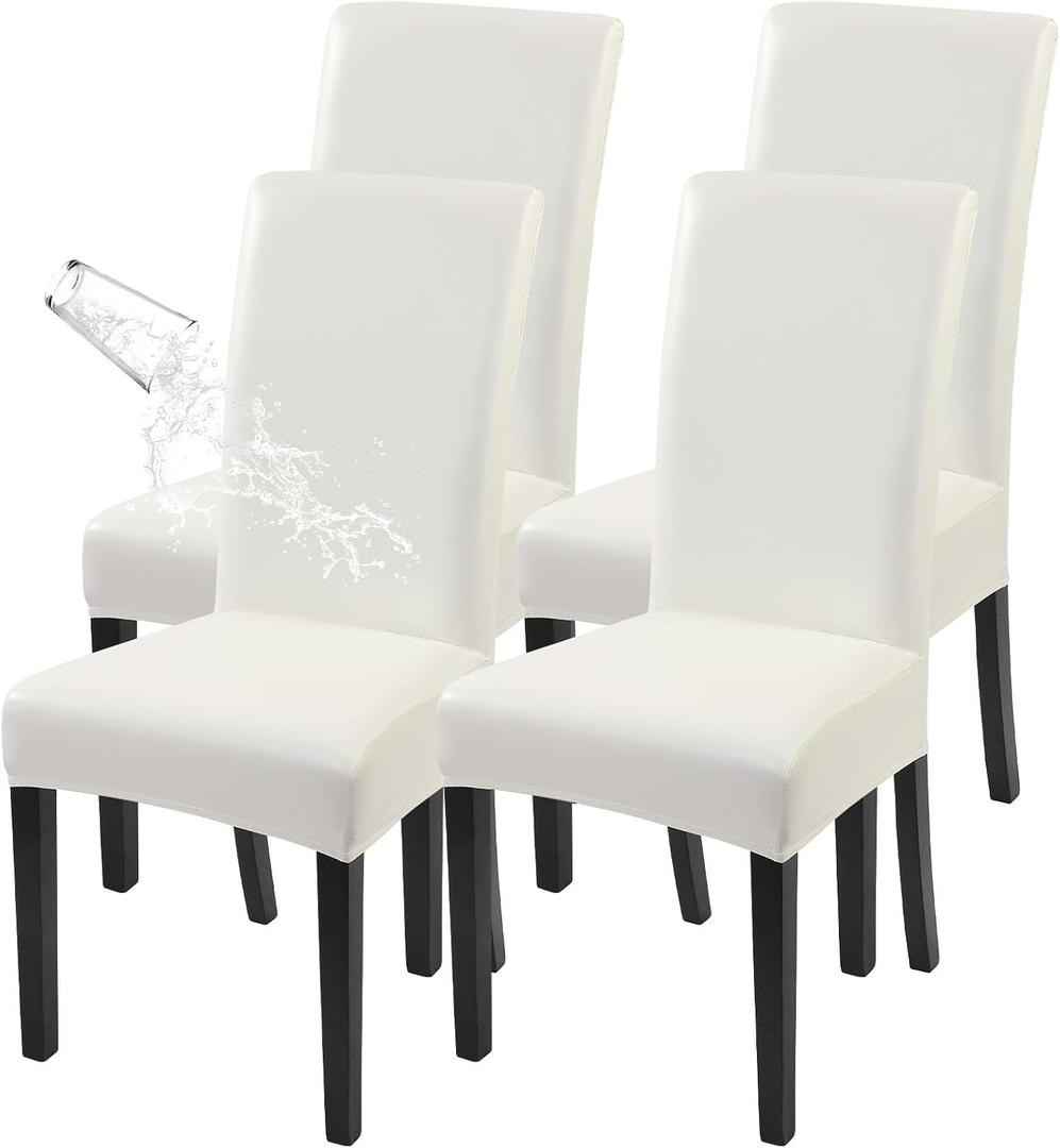 Waterproof PU Leather Dining Chair Covers Set of 4, Stretch Oilproof Parsons Chair Slipcovers Removable Washable Kitchen Chair Protector for Dining Room (Cream)