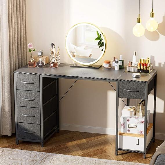 LUCKRACER Vanity Desk with 5 Fabric Drawers & Storage Shelves, Makeup Dressing Table, Computer Desks for Home Office Bedroom, Black, No Mirror