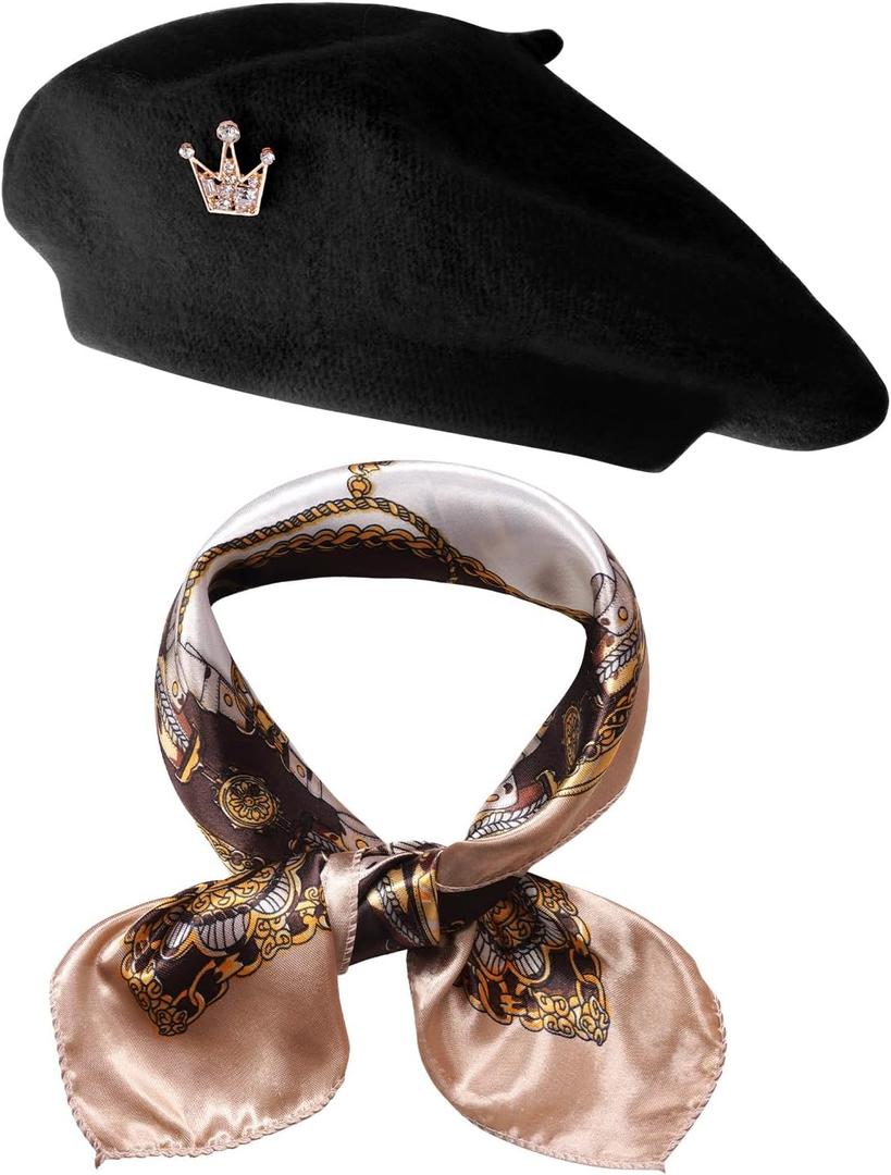 choyaxo 3pcs French Beret Hat Set Costume Accessories Set Including Beret Hat Scarf Crown Pin for Women French Themed Party