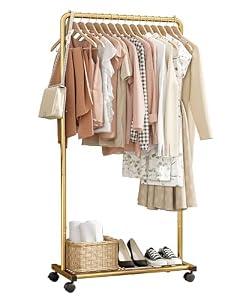 Clothes Rack - Clothing Rack with Storage Mesh Shelf & Casters, Heavy-Duty Metal Clothing Rack for Hanging Clothes, Dresses, Coats, Large Load Capacity, Easy Assembly, Gold, 28.0"x16.9"x59.0"