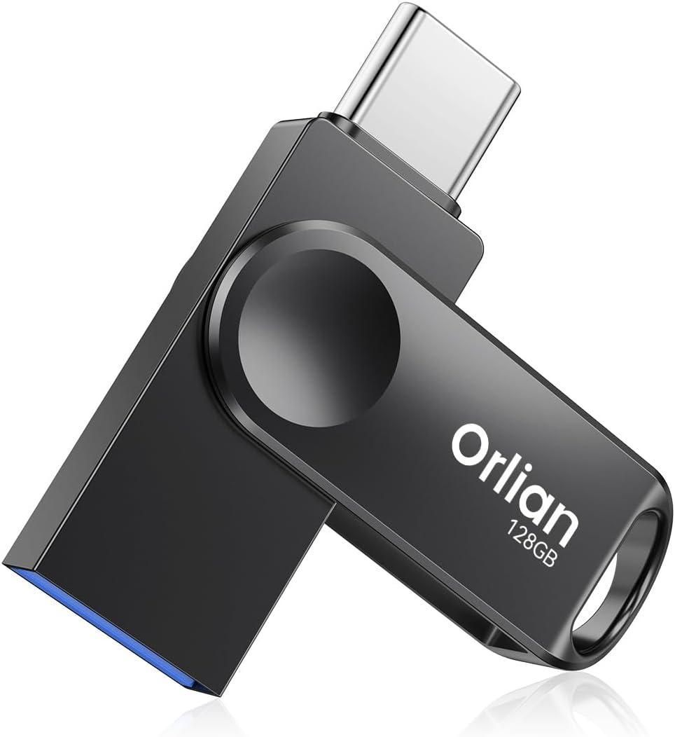 Orlian 128GB USB C Flash Drive Dual USB 3.0 Thumb Drive Type-C & USB-A 110MB/S Metal UDP Waterproof Swivel Design Memory Stick for Phone Android Tablet iPhone 15/16 Computer PC and More Black