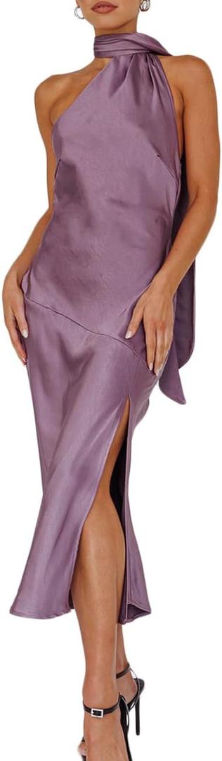 Mogidol  Sexy Satin Backless Halter Wedding Guest Dresses for Women Sleeveless Elegant Cowl Back Slit Midi Cocktail Dress Evening Gown Purple Size:XS